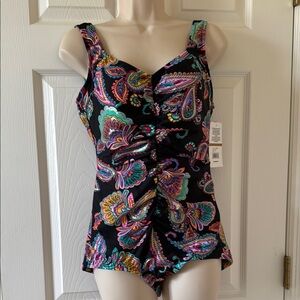 *NWT - MAXINE OF HOLLYWOOD PAISLEY PARADE SHIRRED ONE PIECE BATHING SUIT (sz 12)
